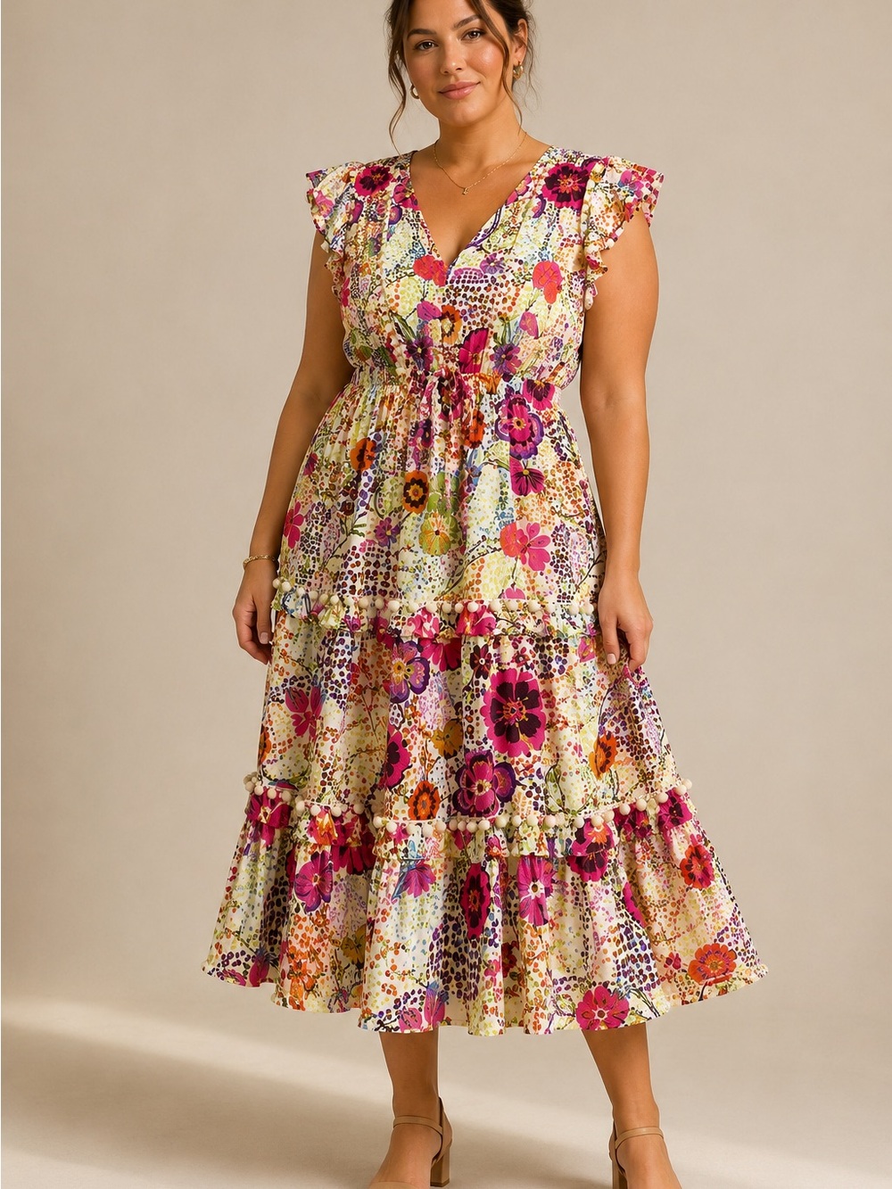 J.Crew Floral Pom Pom Trim Tiered Midi Dress Size 14 Boho Cottagecore garden